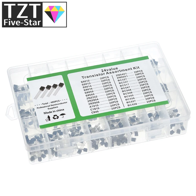 1/3 صندوق 24 قيمة تشكيلة مجموعة متنوعة كل 20 قطعة BC327 BC337 BC517 BC547 BC548 BC549 2N2222 3906 3904 5401 5551 C945 1015