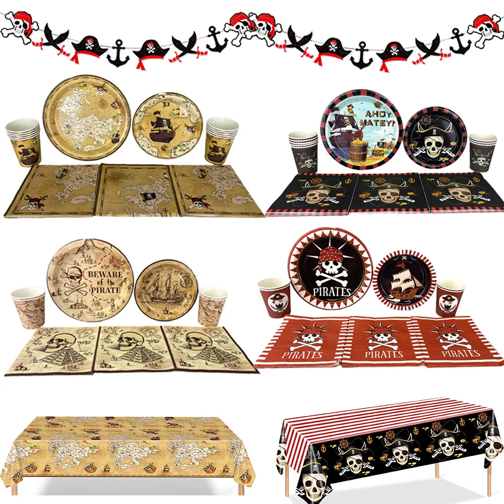 Tema pirata stoviglie usa e getta piatto tazza tovagliolo tovaglia Banner ragazzi pirata caccia al tesoro forniture per decorazioni per feste di