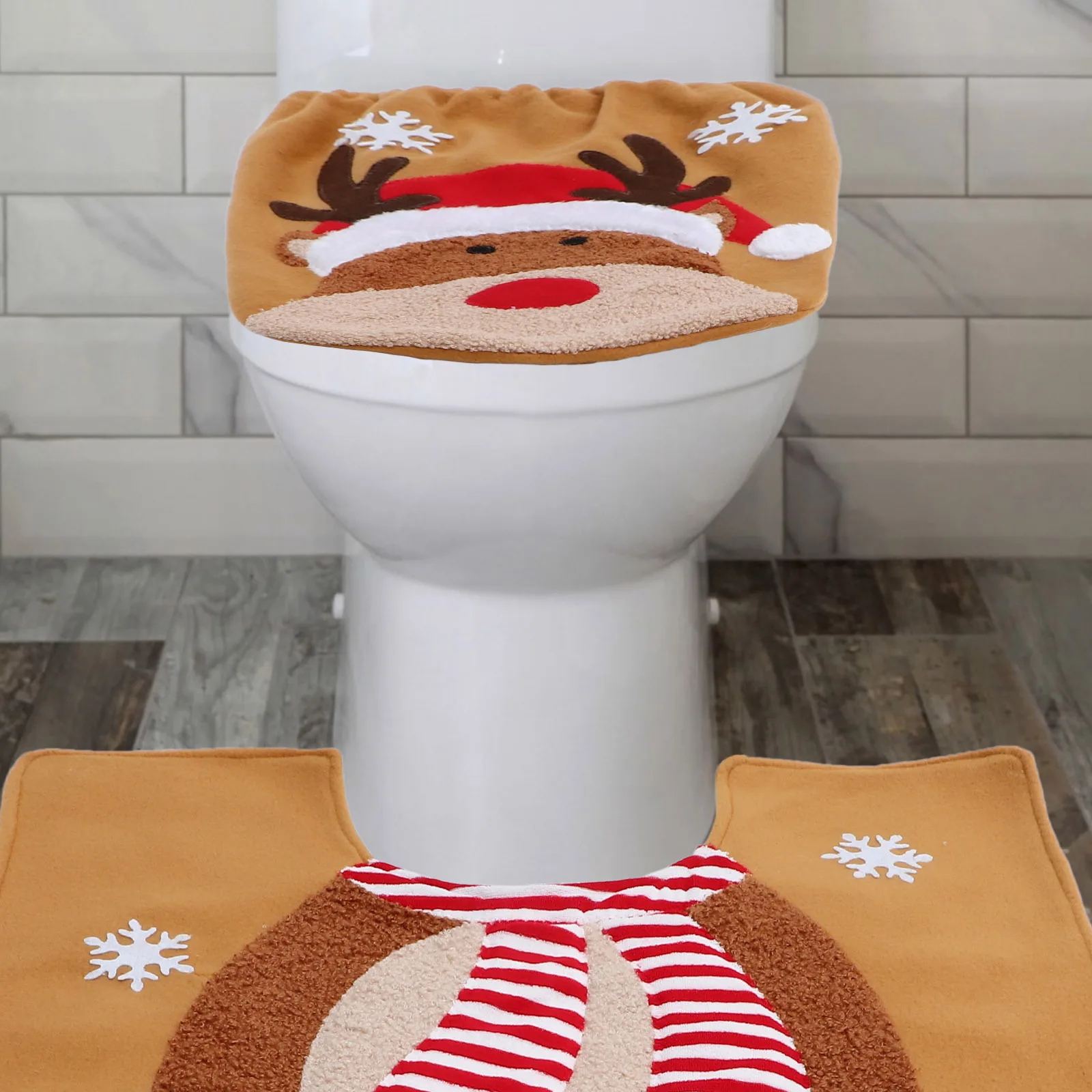 

1 set 1 Set Elk Christmas Toilet Floor Mat Set Xmas Decorative Bathroom Rug For Toilet Lid Floor Non-Slip Holiday Bath Mat Home