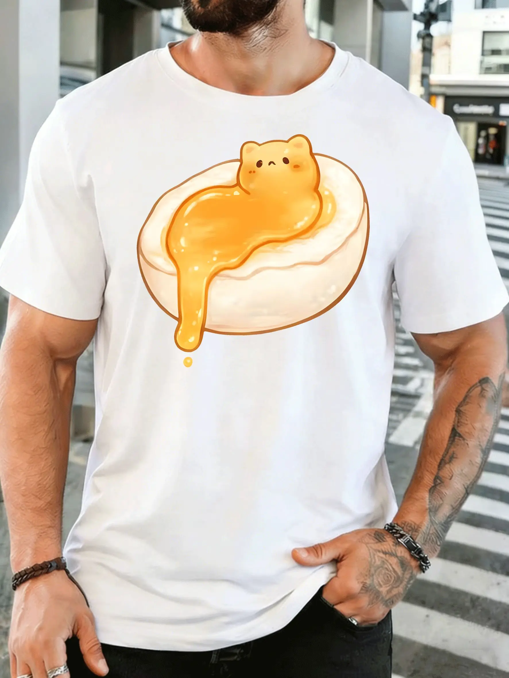 Cute Honey Cat On Toast Mens Front Print T Shirt Kawaii Animal Food Graphic Tee Casual Short Sleeve Top Lovely Cat Lover Gift
