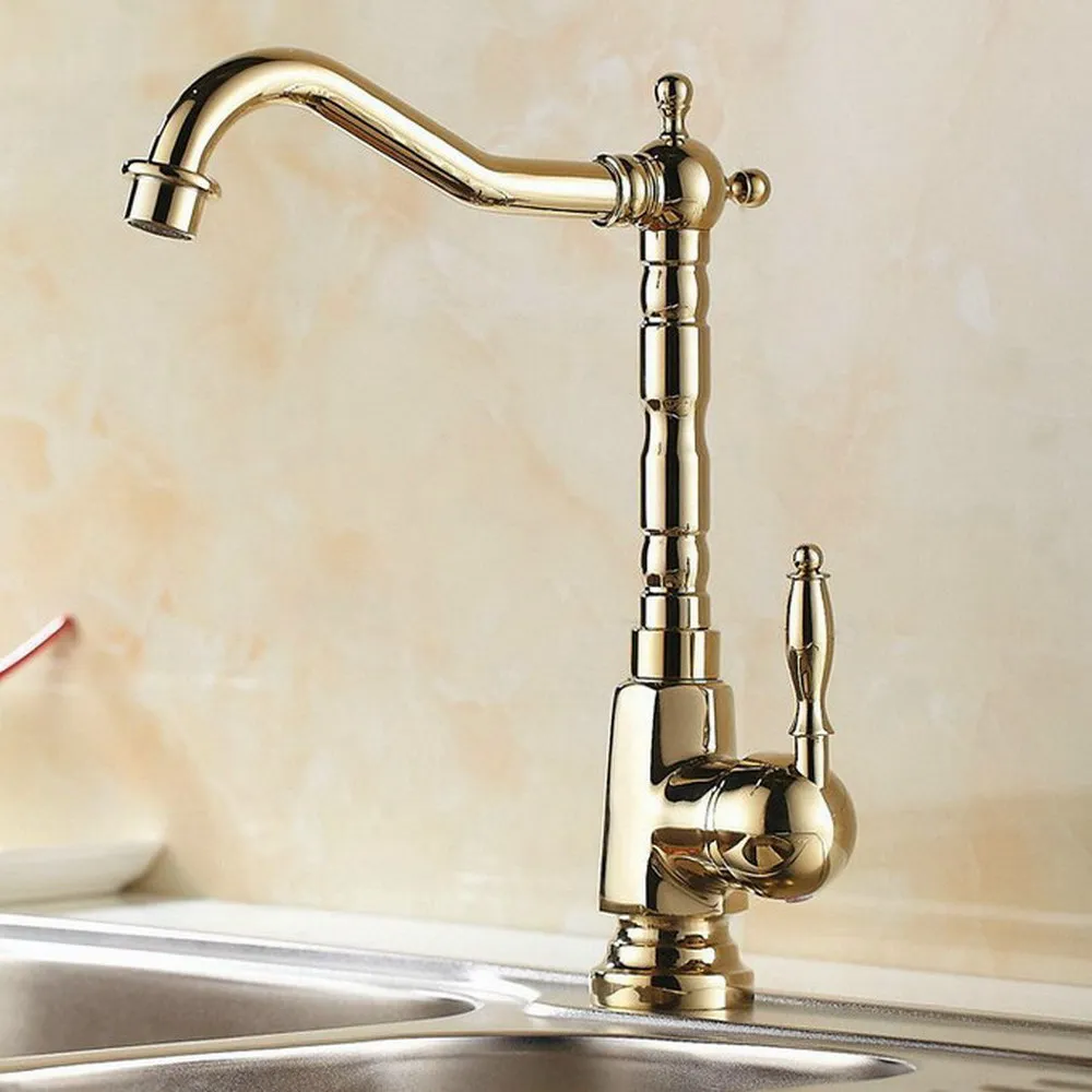 

Contemporary Luxury Gold Color Brass Swivel Spout Kitchen Sink Mixer Tap Single Hole Deck Mounted Vessel Sink Faucets tgf056