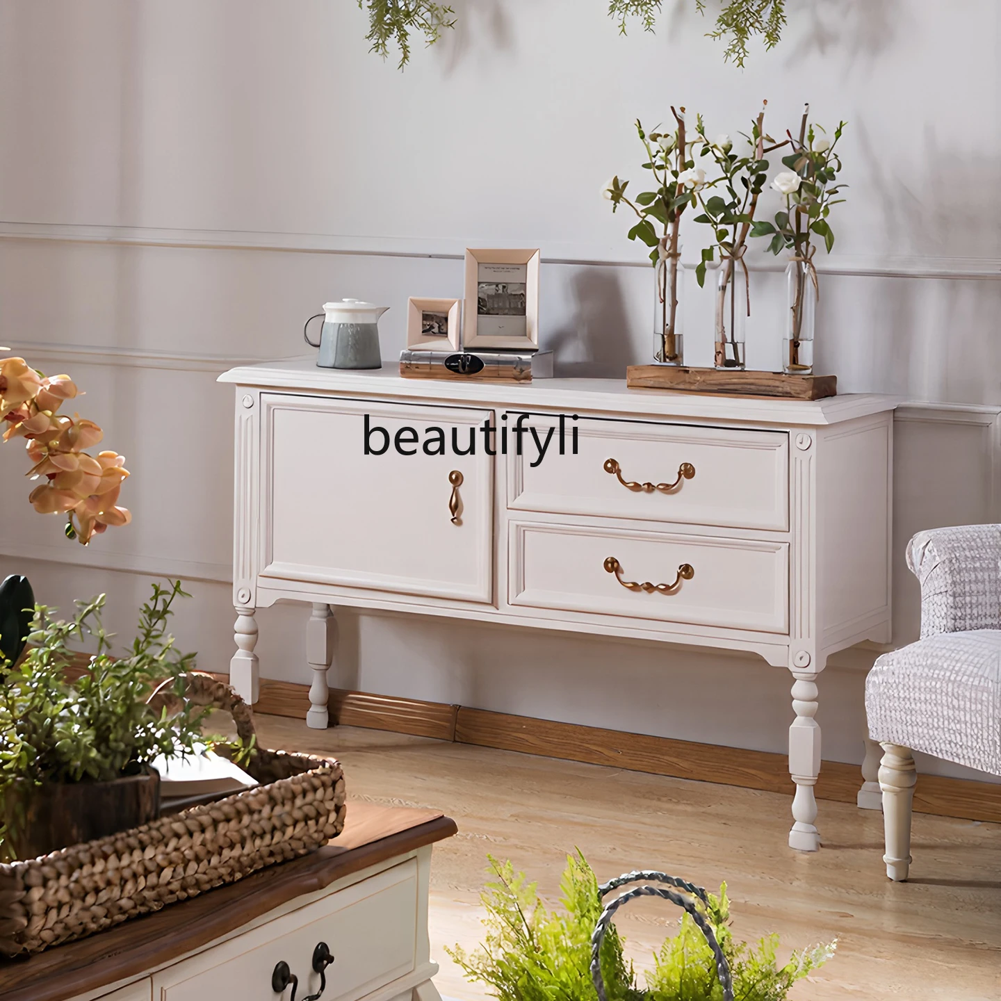 

French Retro Solid Wood Carved Chest Storage Cabinet Vintage Style Entryway Wall-Mounted Storage Cabinet
