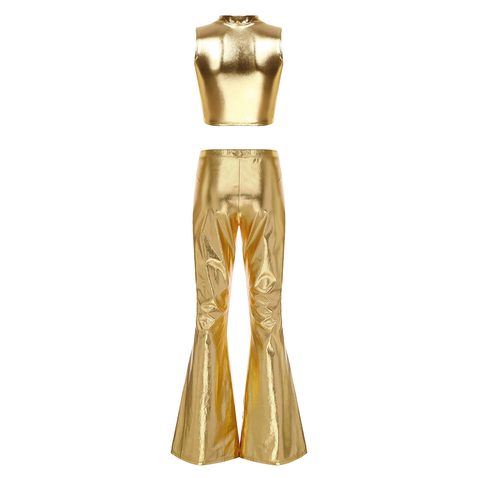 Women Metallic Shiny 70s 80sDisco Dance Outfit Party Sleeveless Crop Top And Bell-bottom Flared Pants Club Stage Performance Set