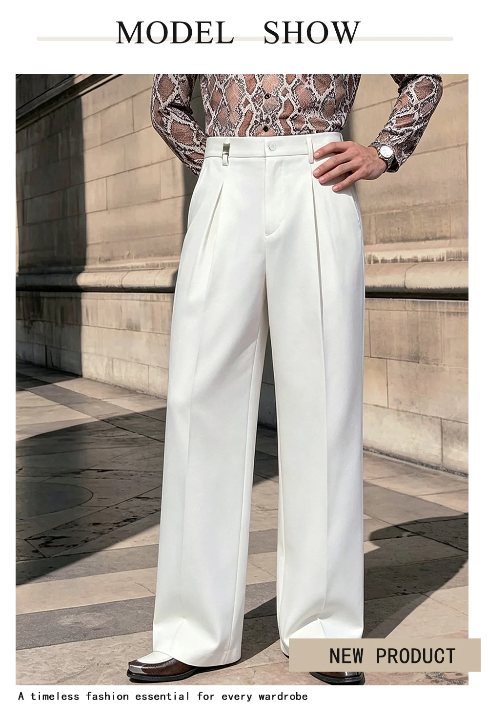 Herren-Hose für Frühling und Herbst, einfarbig, gewebt, mit Falten, Knopfakzent, elastischer Bund, gerades, lockeres Bein, schöner Fall, knitterfrei. – Detail 2