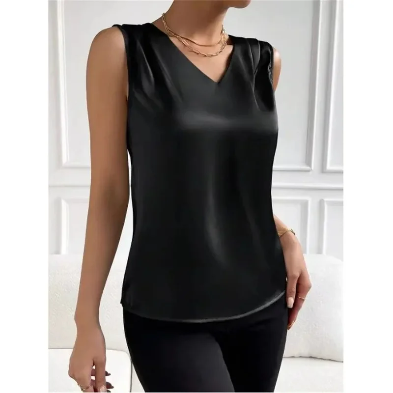 여성 조끼 우아한 기질 V넥 조끼 여름 휴가 심플 단색 패션 만능 민소매 탑