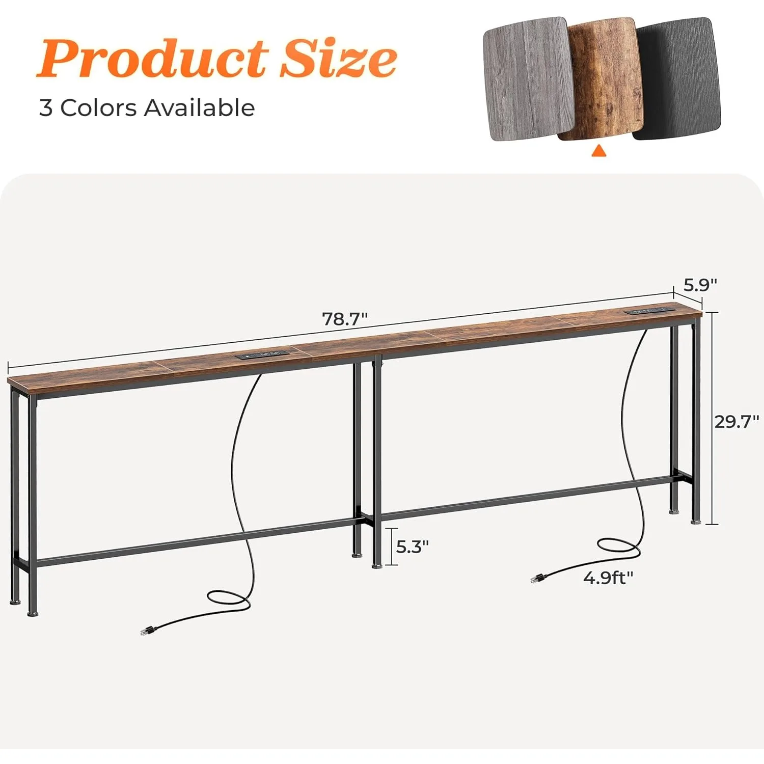 طاولة أريكة مقاس 79 بوصة مع مخرجين طاقة ومنفذ USB-C، وطاولة وحدة تحكم ضيقة مقاس 5.9 بوصة مع مساحة تخزين، بني ريفي #3