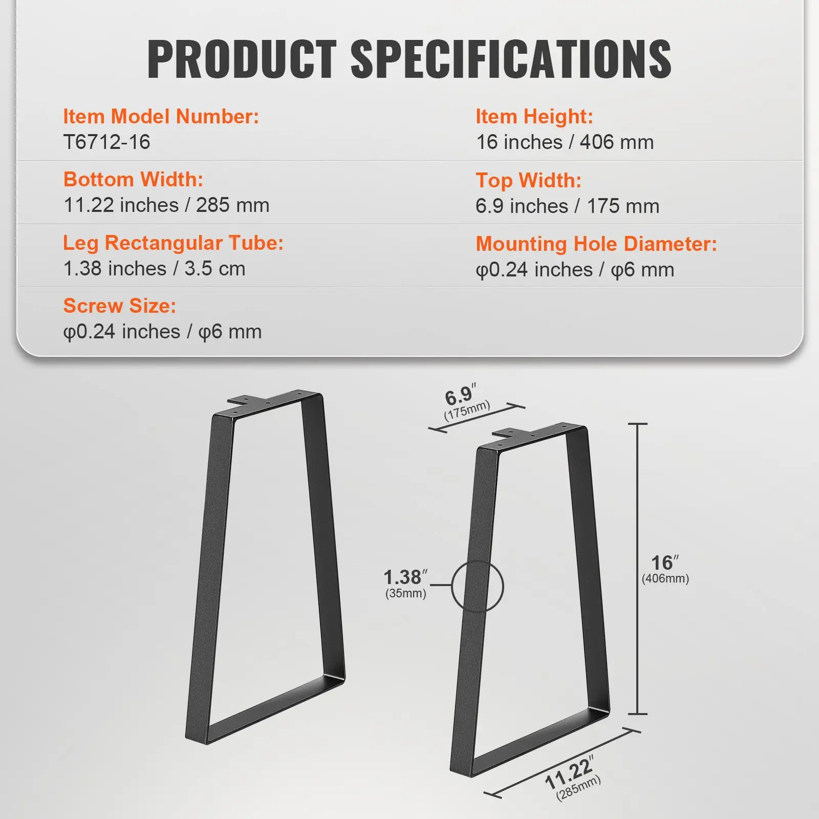 16 inch Trapezoid Steel Table Legs, Replacement Furniture Legs Set of 2 for DIY Coffee Tables, Modern Desks, Bench, Night Stands, Sofa, Max Load 400 lbs Heavy Duty, Quick Instalation Legs Black
