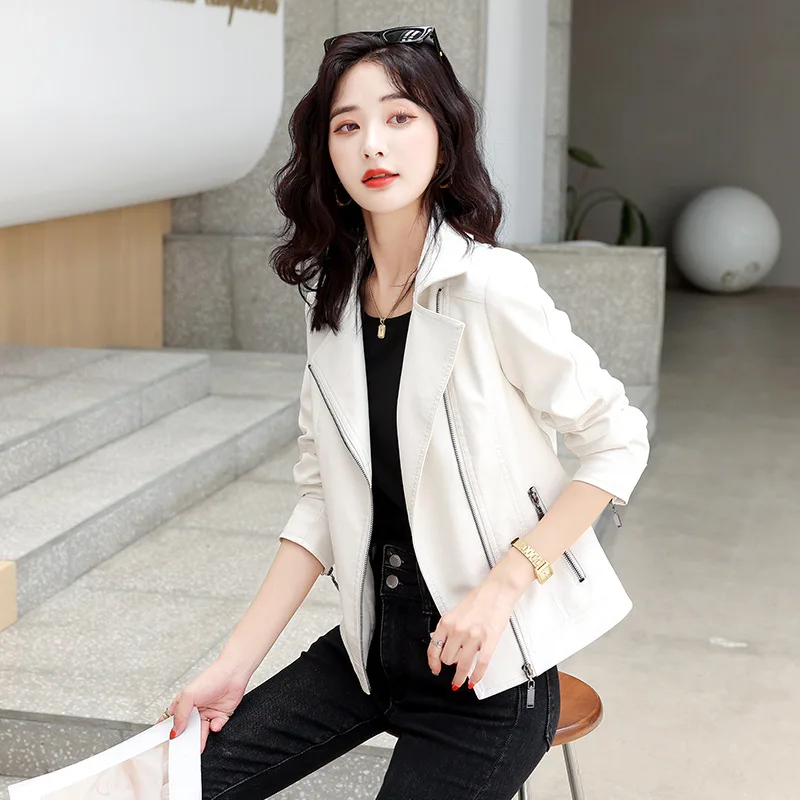 2025년 봄 가을 신상 여성 모토 재킷, 멋지고 트렌디한 슬림핏 숏 지퍼 양가죽/스플릿 가죽 바이커 재킷 겨울