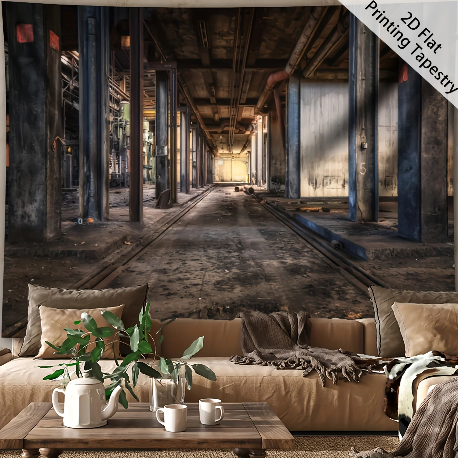 Abandoned Factory Landscape Tapestry, HD Digital Print Urban Industrial Wall Decor for Living Room and Bedroom Backdrop