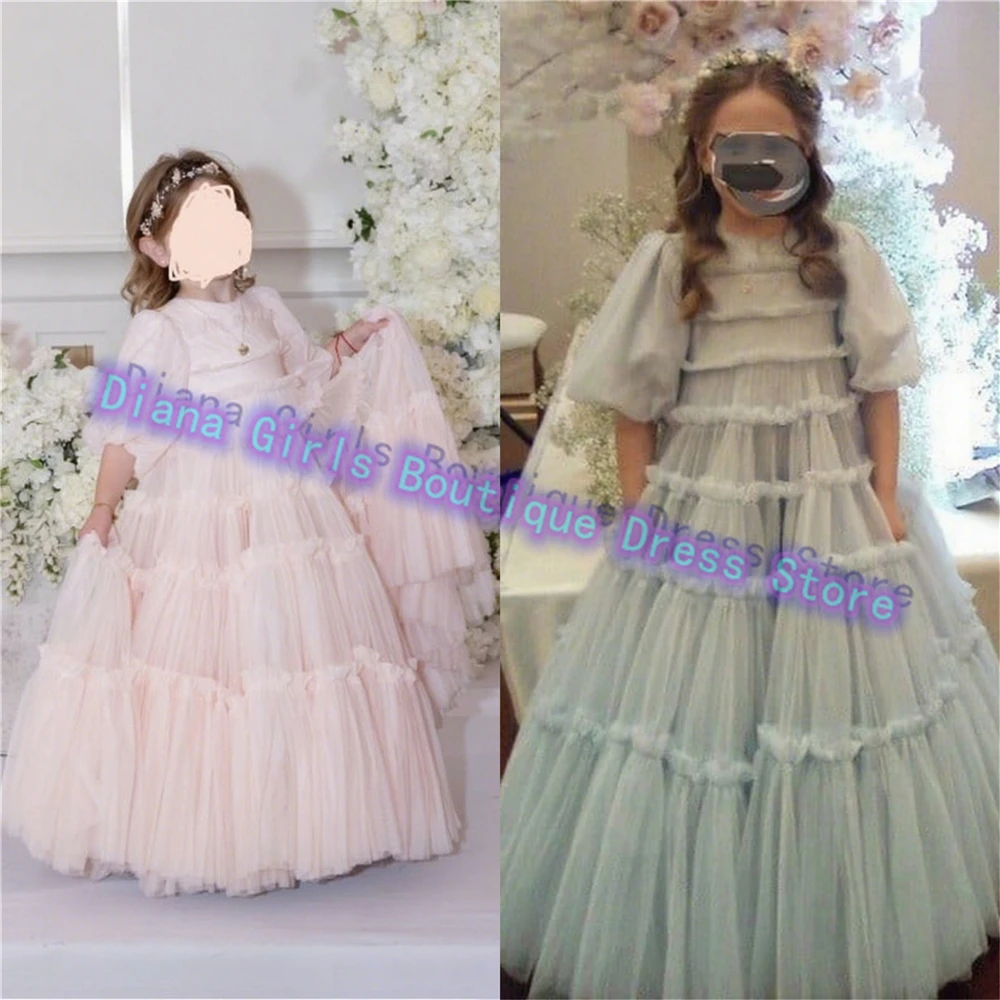 Quality Layered Flower Girl Dress Puff Sleeves Tulle Fluffy Little Princess Wedding Birthday Party Ball Evening Gowns