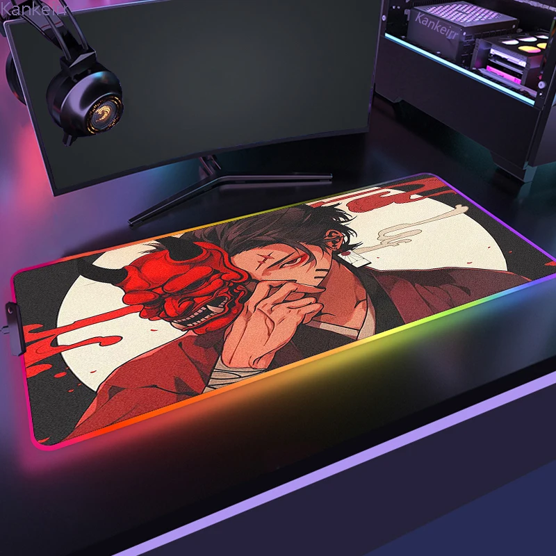 Grande RGB Samurai Devil Mask Backlight Mat, Anime Girl Large Mousepad, Teclado Gamer personalizado HD, PC Gaming LED Pad