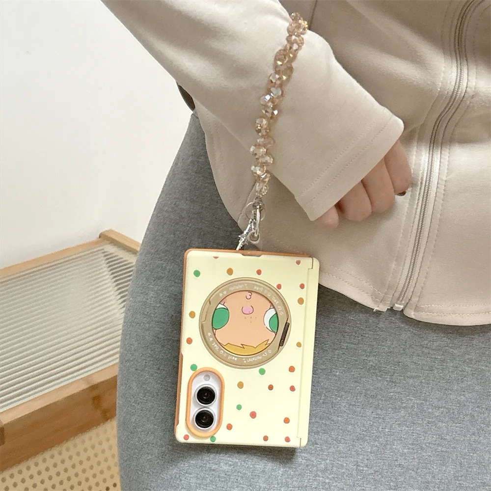 Cute Cartoon Polka Dot Case For Samsung Galaxy Z Fold8 Hinge Kickstand Crystal Star Bead Chain Shockproof Hard Cover For Girls