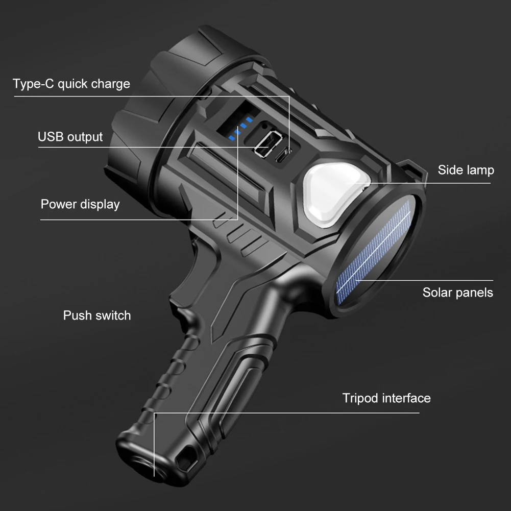 Lampada da lavoro solare portatile torcia a LED ricaricabile USB lanterna da campeggio all'aperto Powerbank proiettore a mano faretto di emergenza