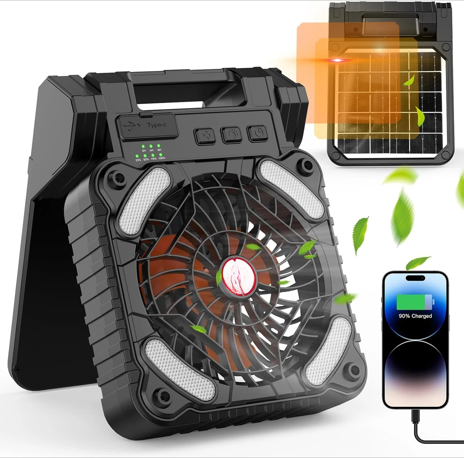 Solar Powered Camping Fan with LED Lantern Rechargeable Battery Operated Portable Timer and Eco-Friendly Fan