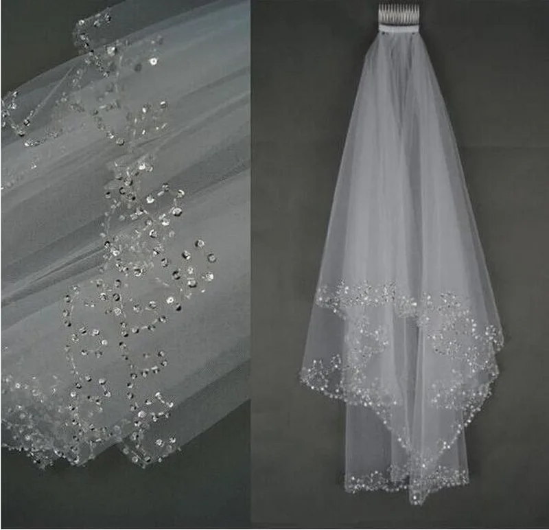 Velos de novia de marfil blanco para mujer, 2 capas, 75CM, borde de cuentas hecho a mano con peine, accesorios de boda