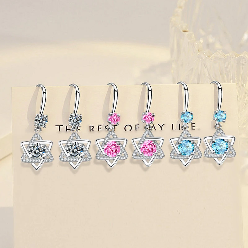 KOFSAC Multi-colour Zircon Crystal Six Pointed Star Drop Earrings For Women Fashion Occident 925 Sterling Silver Earring Jewelry