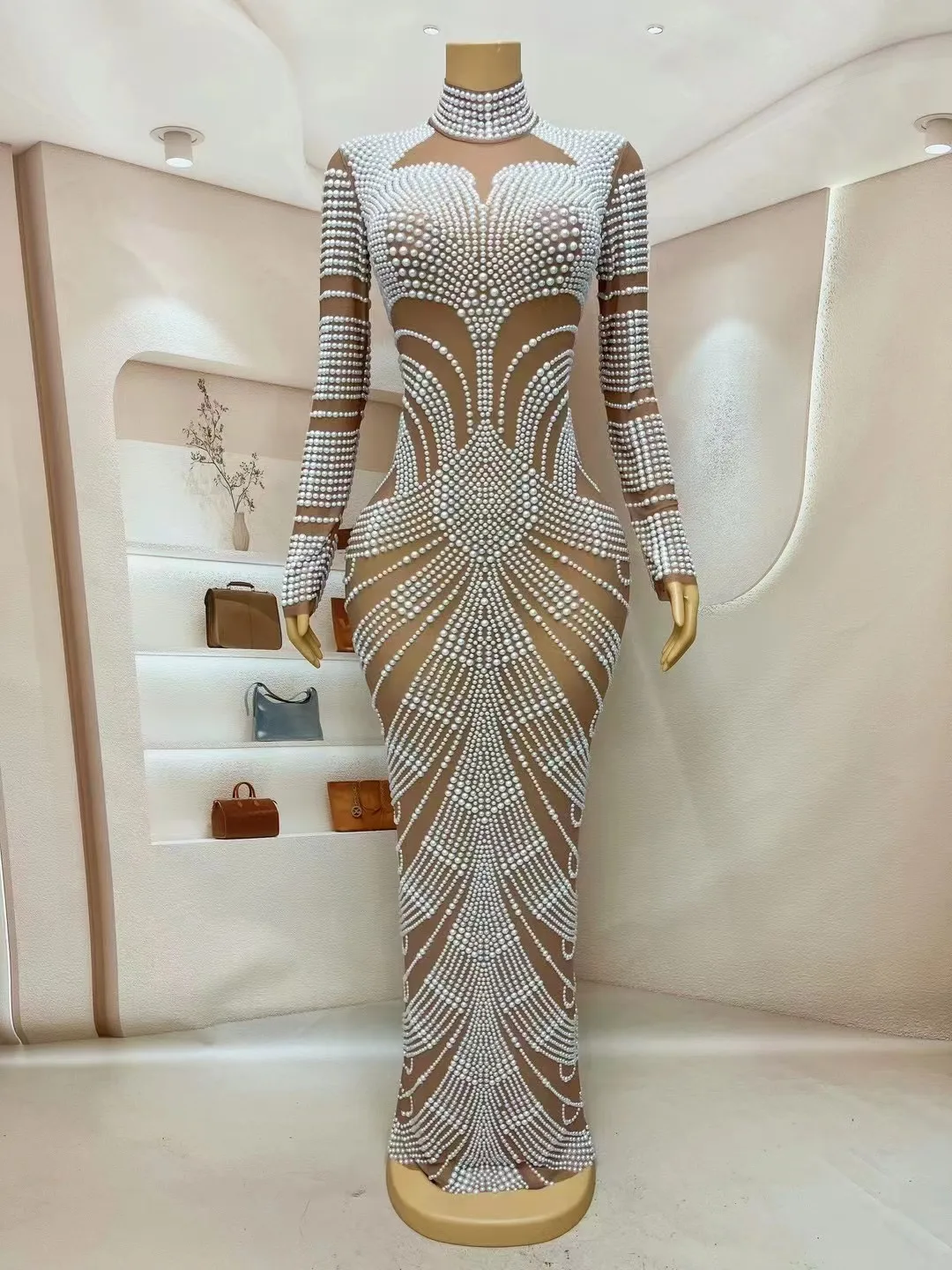 

Luxury White Pearls Long Dress For Women Elastic Transparent Mesh Party Wear Evening Prom Photo Shoot Outfit Sing Stage Costume