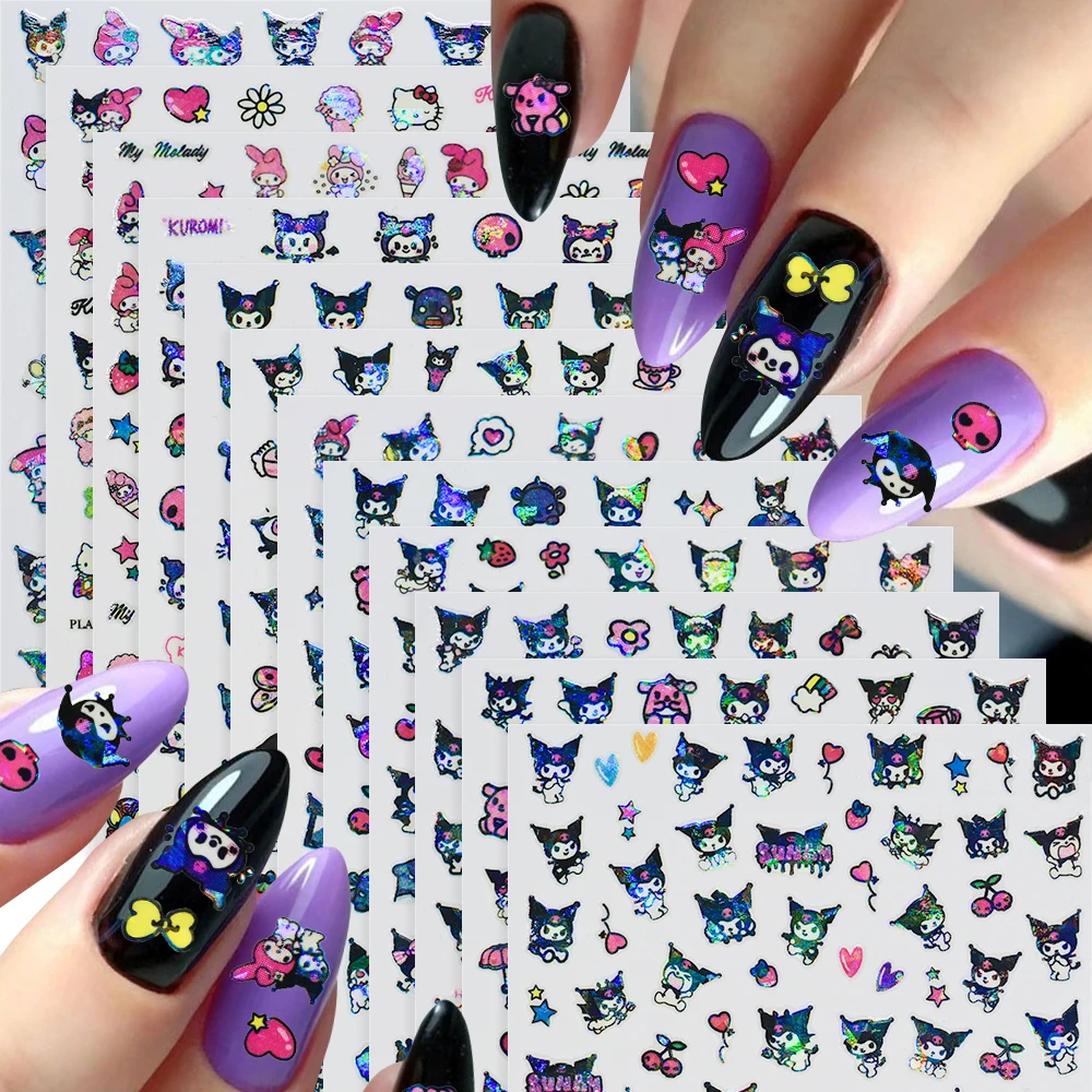 12 個レーザー漫画ハローキティクロミネイルアートステッカーメロディー自己粘着ネイルデカールかわいいアニメスライダーネイルアートデコレーション