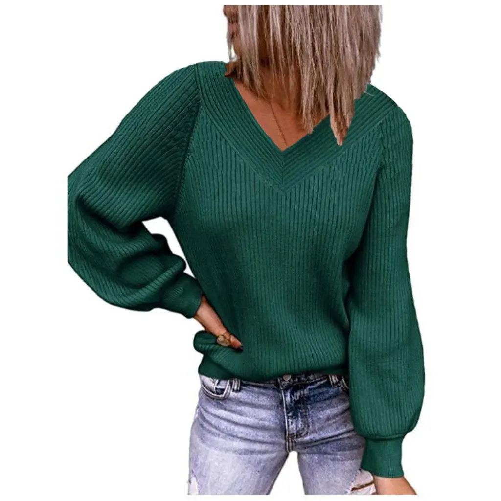 

Large Size V-neck Knitted Sweater Autumn Winter Solid Color Loose Fit European American Women's Pullover