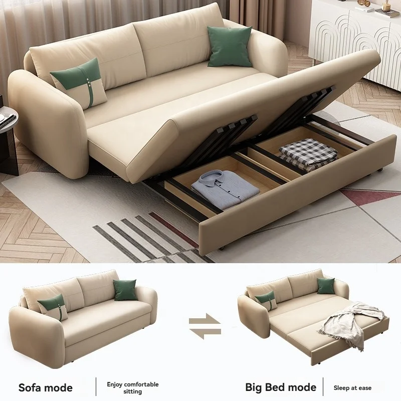 Modern Rental Housing Fabric Sofa Bed Soft Foldable Dual-Purpose Single and Double Person with Storage Box for Living Room