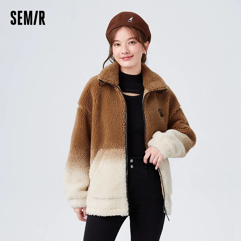 Semir Coat Women Mid-Length Gradient Imitation Lamb Wool Stand Collar Winter Loose Fashion Trendy Coat