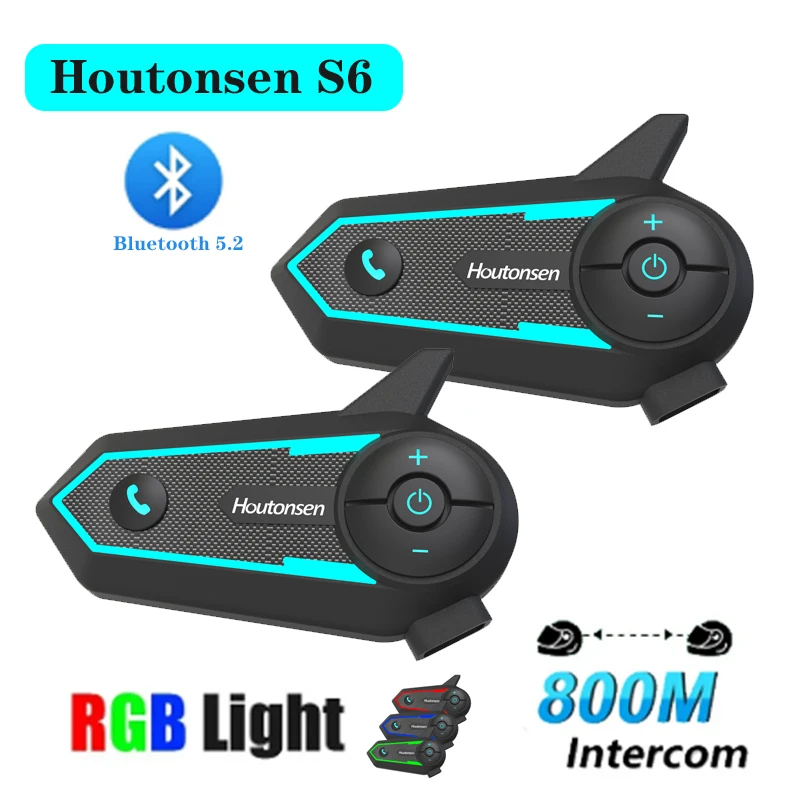 

Bluetooth-гарнитура Houtonsen S6 для мотоциклетного шлема, RGB-подсветка, для 2-х водителей, дуплексное переговорное устройство, водонепроницаемая, система громкой связи IP67