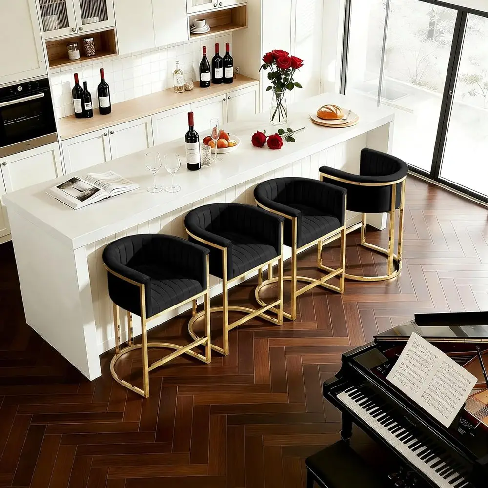 

Set of 4 Counter Height Bar Stools with Back and Arm, Barrel Accent Chair, PU Leather Upholstered, Kitchen Island, Mirror Champa