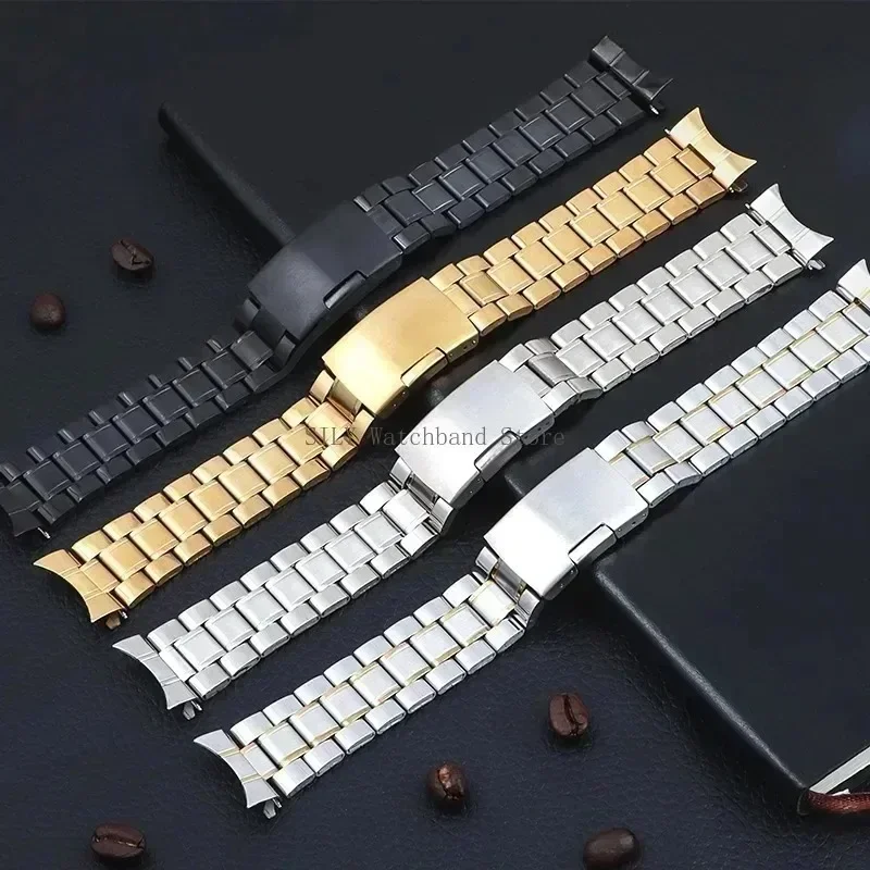 Universal Replacement Wristband Curved End Stainless Steel Watch Straps Men Women Metal Watchband Folding Buckle Sport Bracelets