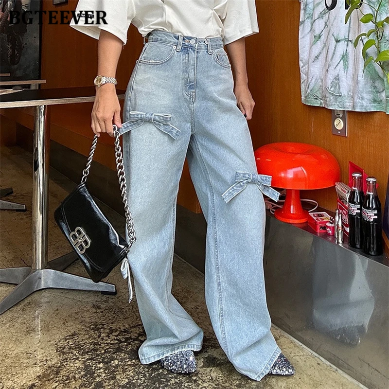 

BGTEEVER Stylish High Waist Bow Denim Wide Leg Pants Women Spring Summer Loose Pockets Floor-Length Jeans Trousers Women