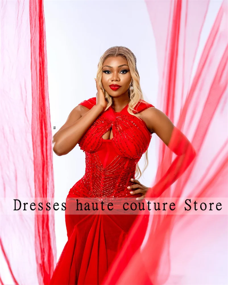 Aso Ebi rouge dentelle perlée hors de l'épaule sirène robes de soirée 2025 cristaux scintillants robes de soirée de mariage robe de bal personnalisée