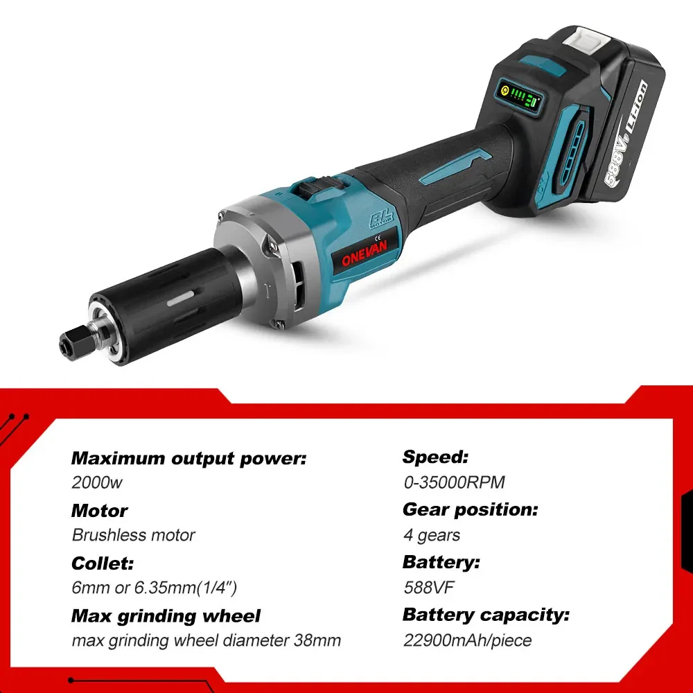 ONEVAN 35000RPM 2000W Brushless Electric Die Grinder 6mm Cordless Variable Speed Rotary Tools For Makita 18v Battery