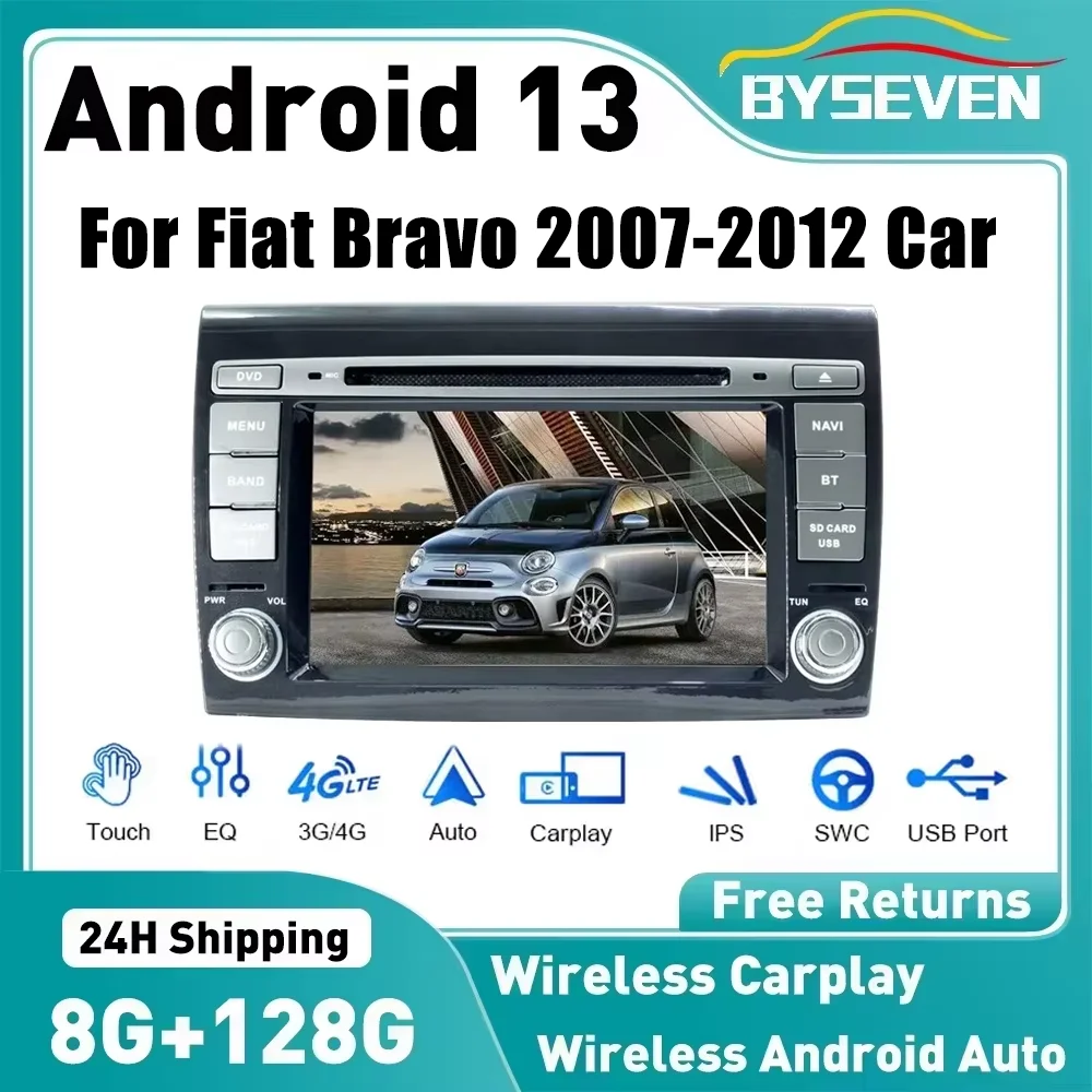 Byseven 4GSIM/Wireless Carplay Android 13 Auto Radio For Fiat Bravo 2007-2012 Car Multimedia Player GPS Navigation DVD/CD Player