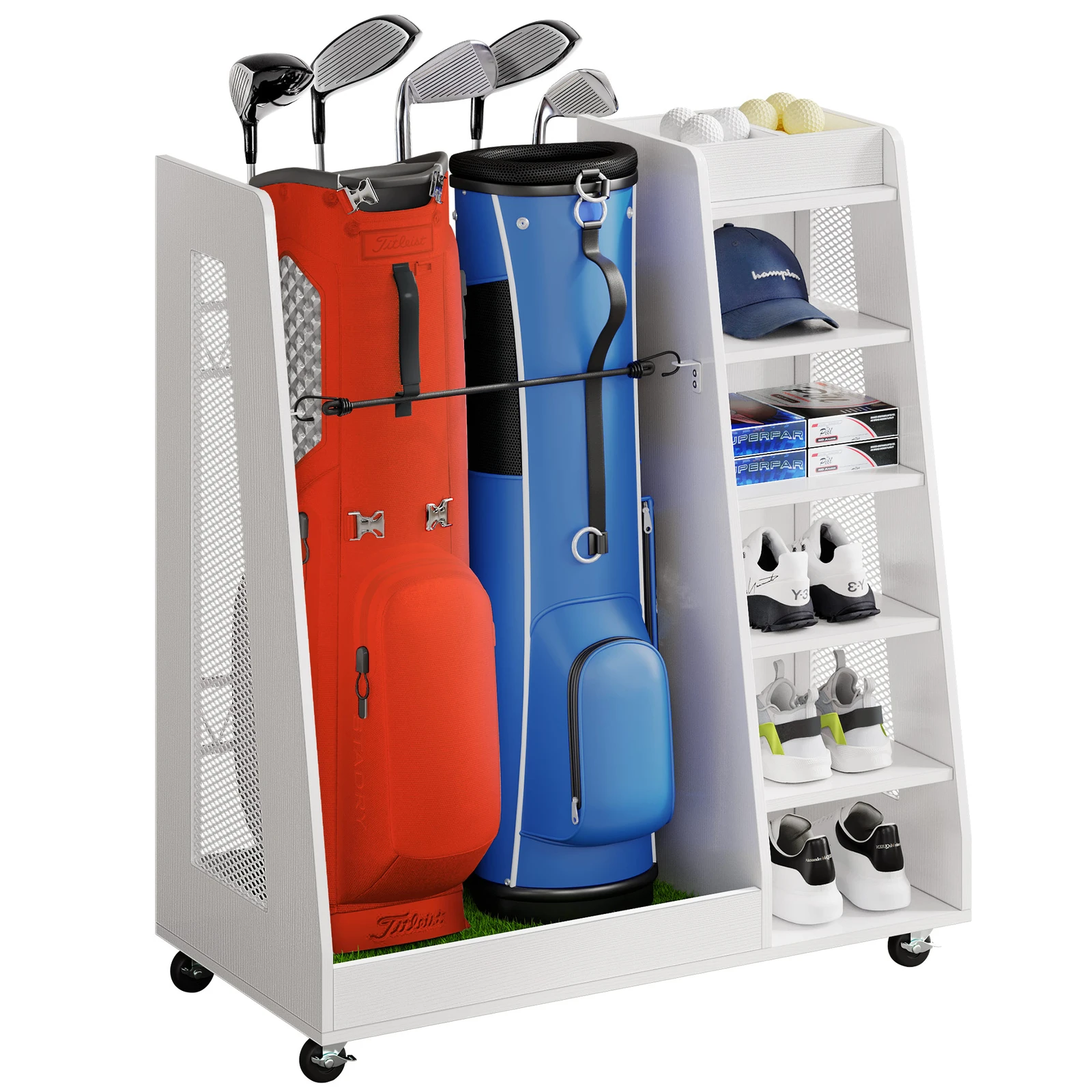 

Деревянная стойка для хранения сумки для гольфа, держатель для гаража, подходит для 2-х сумок для гольфа, органайзера