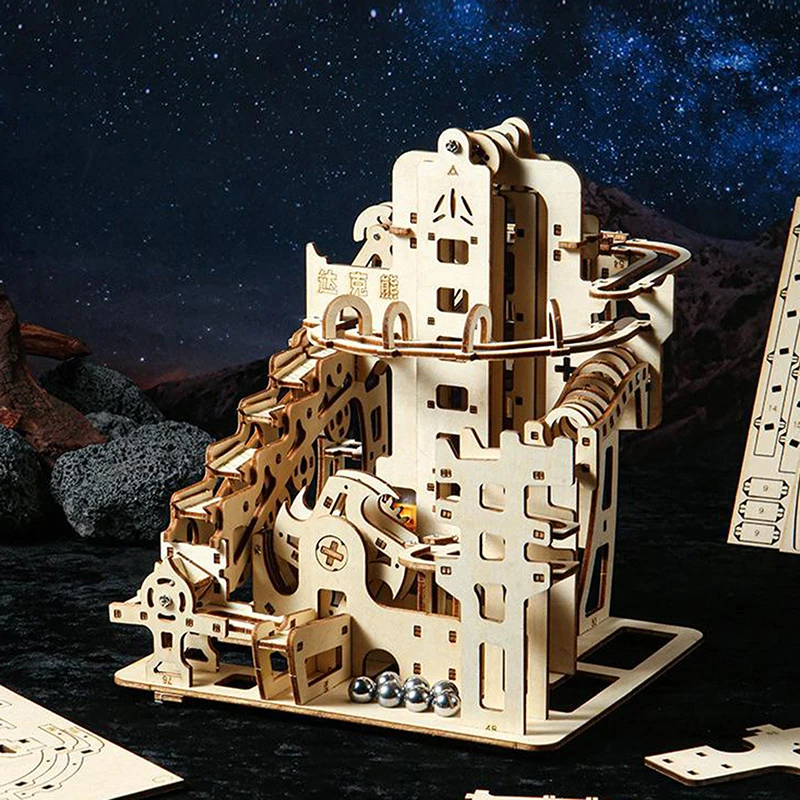 Science Experiment Toy, 3D Wooden Marble Run Kit with Electric Catapult; Maze Mechanical Assembly