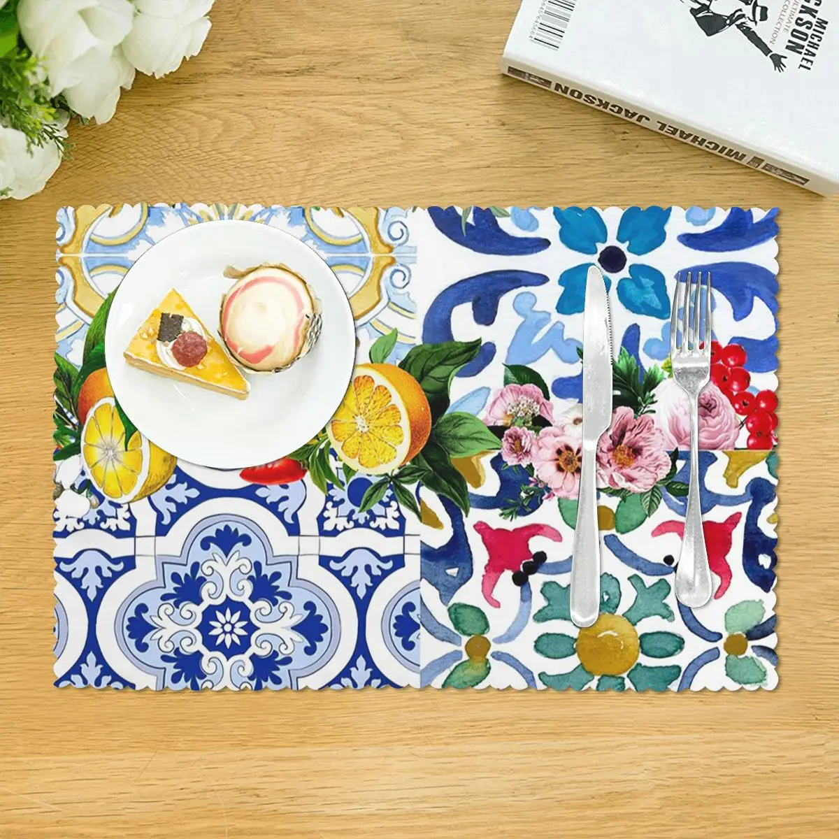 Sicilian Tiles,mediterranean,mosaic,lemons Placemat Washable Plate Mat for Dining Table Bowl Coaster Super Absorbent Mats