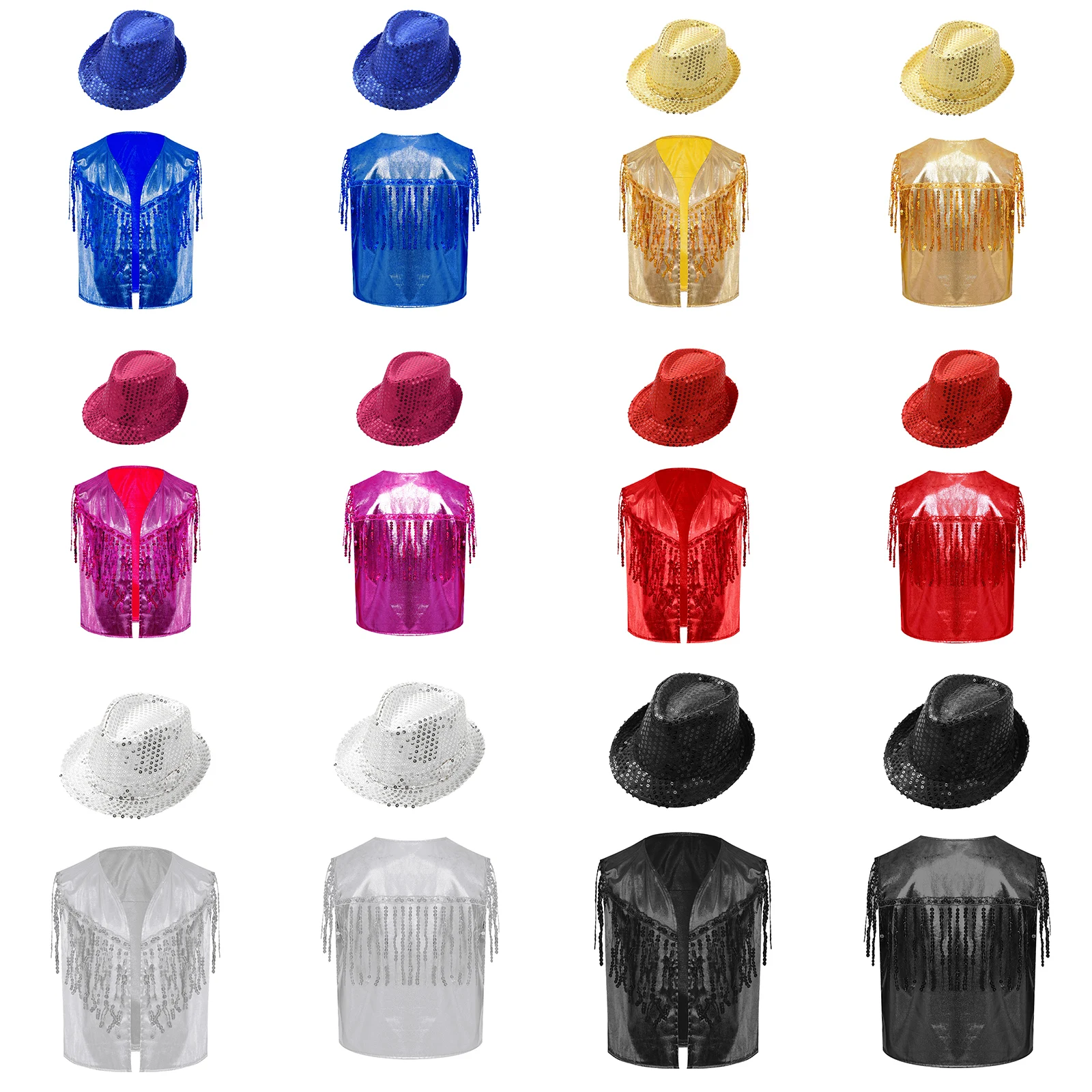 الفتيات عروض رقص الجاز زي تألق الترتر شرابة صدرية سترة معدنية مفتوحة الجبهة جاكيت بلا إكمام مع قبعة الترتر