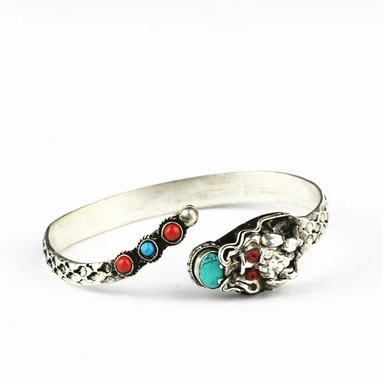 

Tibetan Bangles Metal Copper Dragon Amulet Open Cuff Bangle Nepal Vintage Handmade Jewelry BB-271