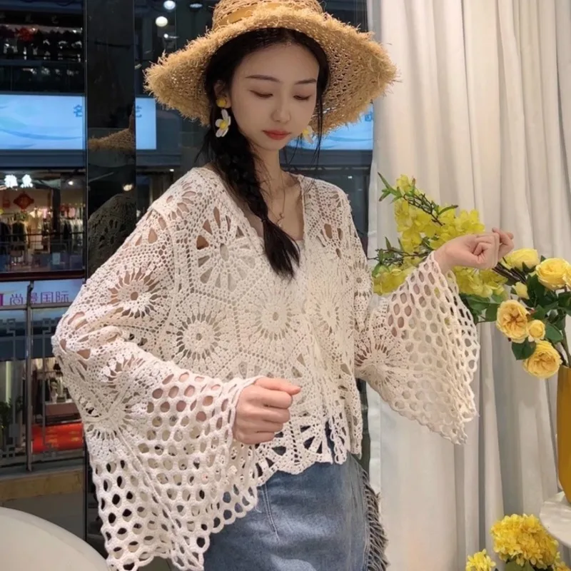 Kimotimo Hook Flower Hollow Knitted Cardigan Women Summer Outwear Flare Sleeve Boho Crop Tops Korean Beach Style Lace Up Coats