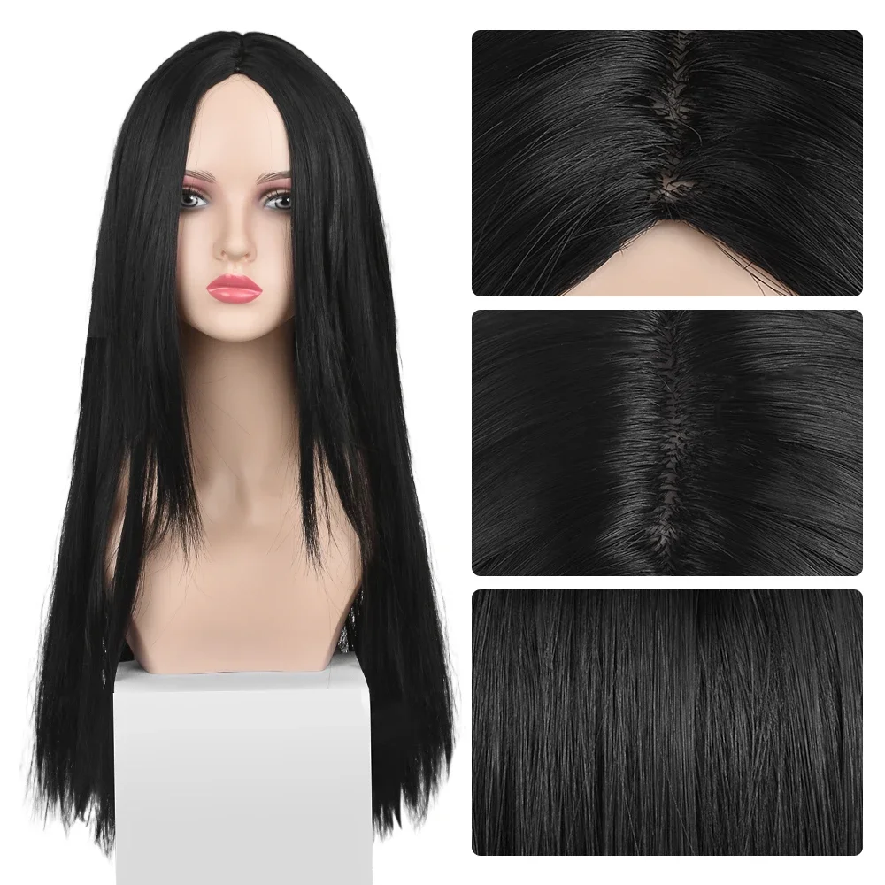 Long Straight Wig 27 Inch Black Wig Center-parted With High Lights Synthetic Hair Wigs for Black Women Daily Use