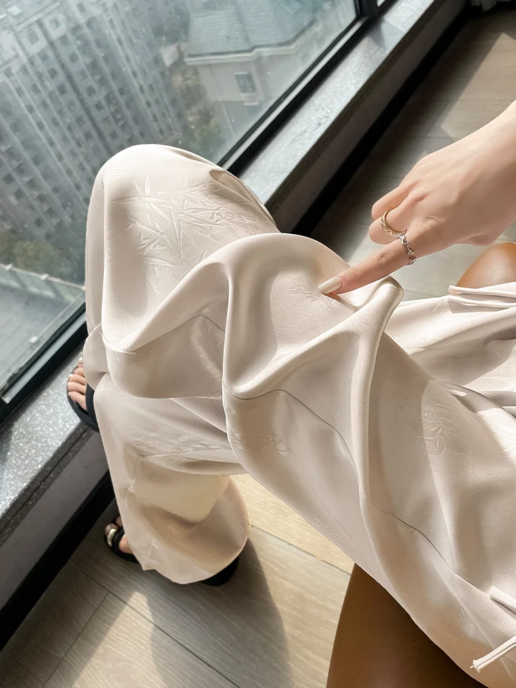 

Широкие брюки из ледяного шелка для женщин, летние, тонкие, новые, с высокой талией, струящиеся, в китайском стиле, прямые, повседневные, с завышенной талией