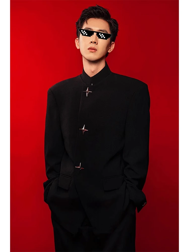 

Новый китайский костюм с металлическим дизайном и подкладкой на плечах, костюм с воротником-стойкой Jaet, мужской костюм для свадебного регистрации Faion Autumn Long Sve