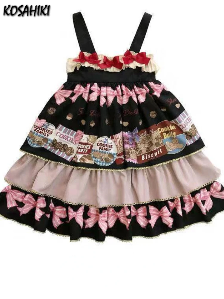 KOSAHIKI Robe Sweet Lolita Dress Women Bow Cute Kawaii Print Mini Jsk Cake Dresses Female Japanese Princess Strap Summer Vestido