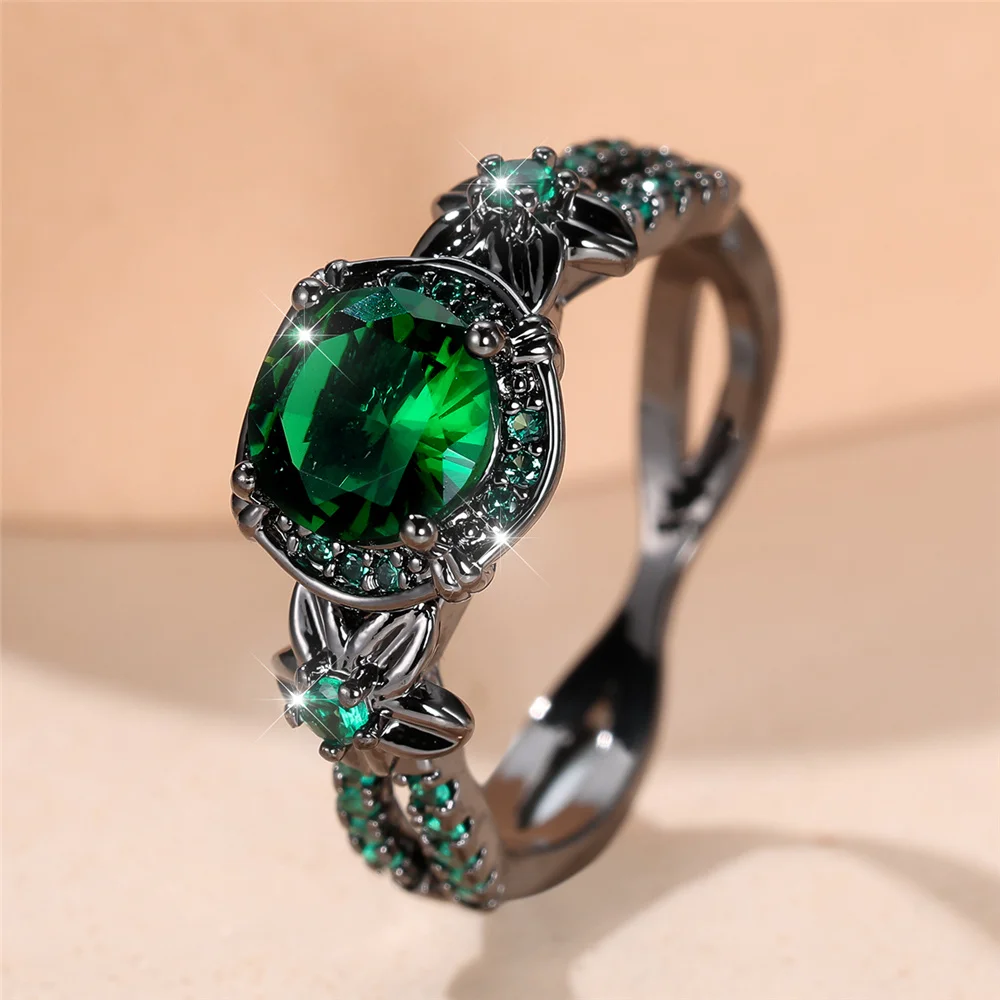 Trendy Green Zircon Flower Vintage Black Gold Color Wedding Bands Engagement Rings For Women Men Minimalist Jewelry