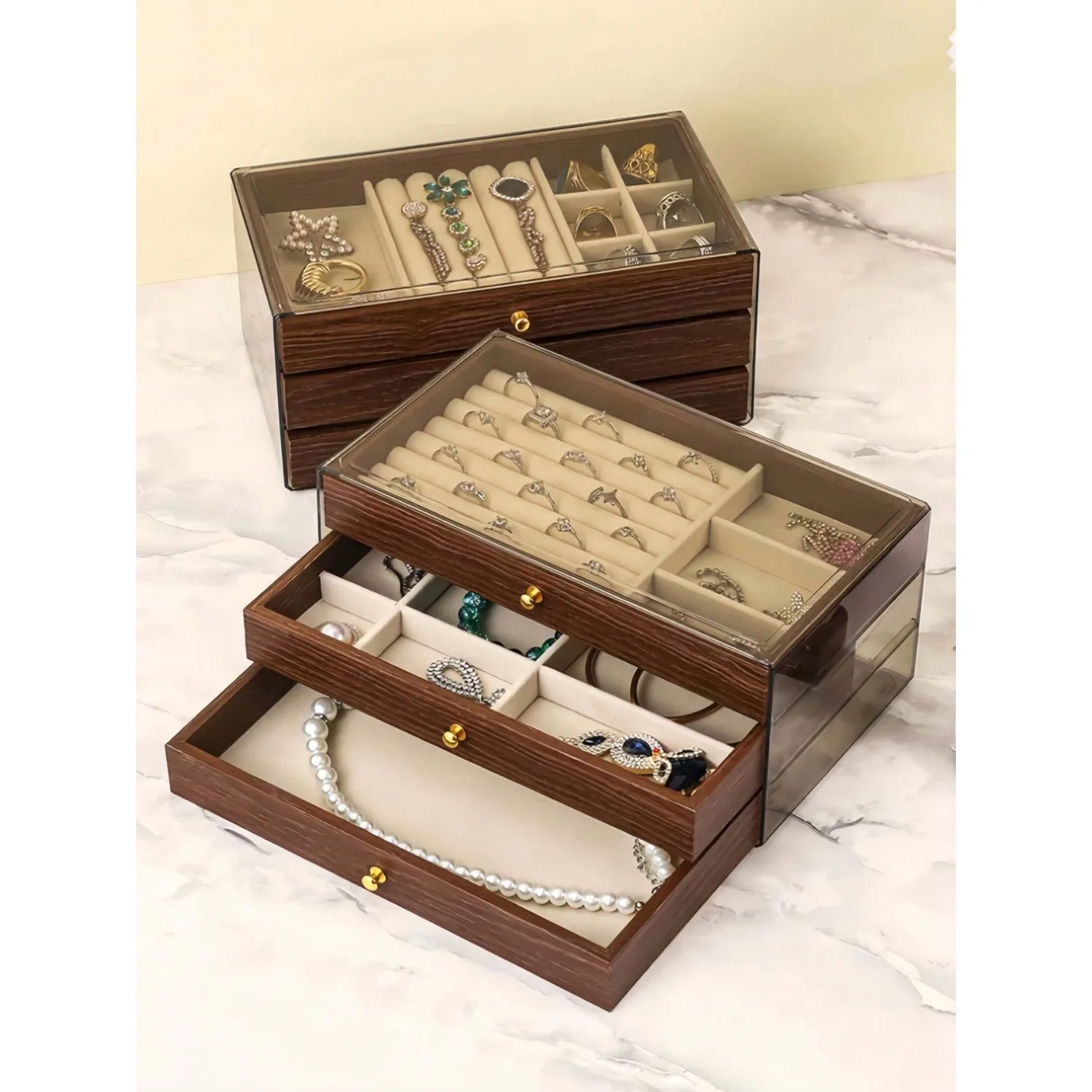 Three-Layer Jewelry Box, Wooden Jewelry Storage Box, Acrylic Jewelry Storage Box, Vintage Style Jewelry Storage Box, Drawer-Styl