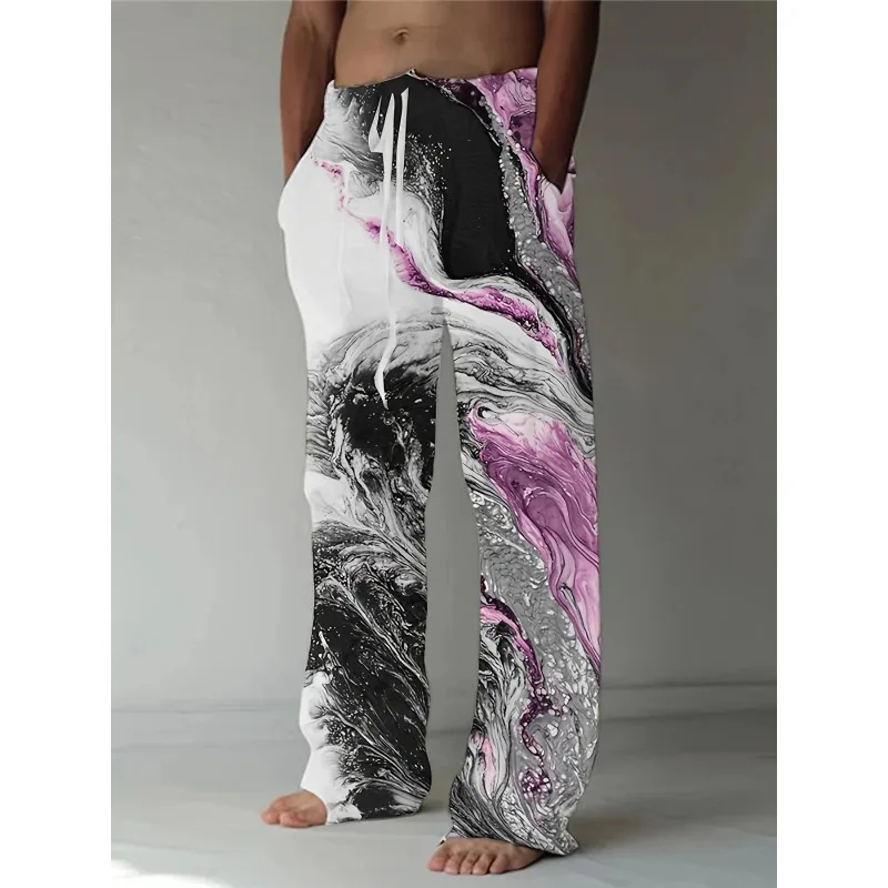 

2025 Men'S Stylish Loose Pants Marble Graphic Print With Drawstring And Pockets For Spring Fall Outdoor Casual Pants