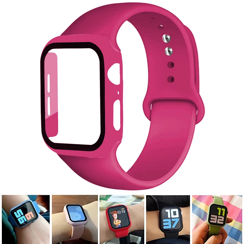 Glass+Case+Strap For Apple Watch band 44mm 41mm 45mm 40mm 38mm 42mm Silicone bracelet iWatch series 9 8 3 4 5 6 se 7 watchbands