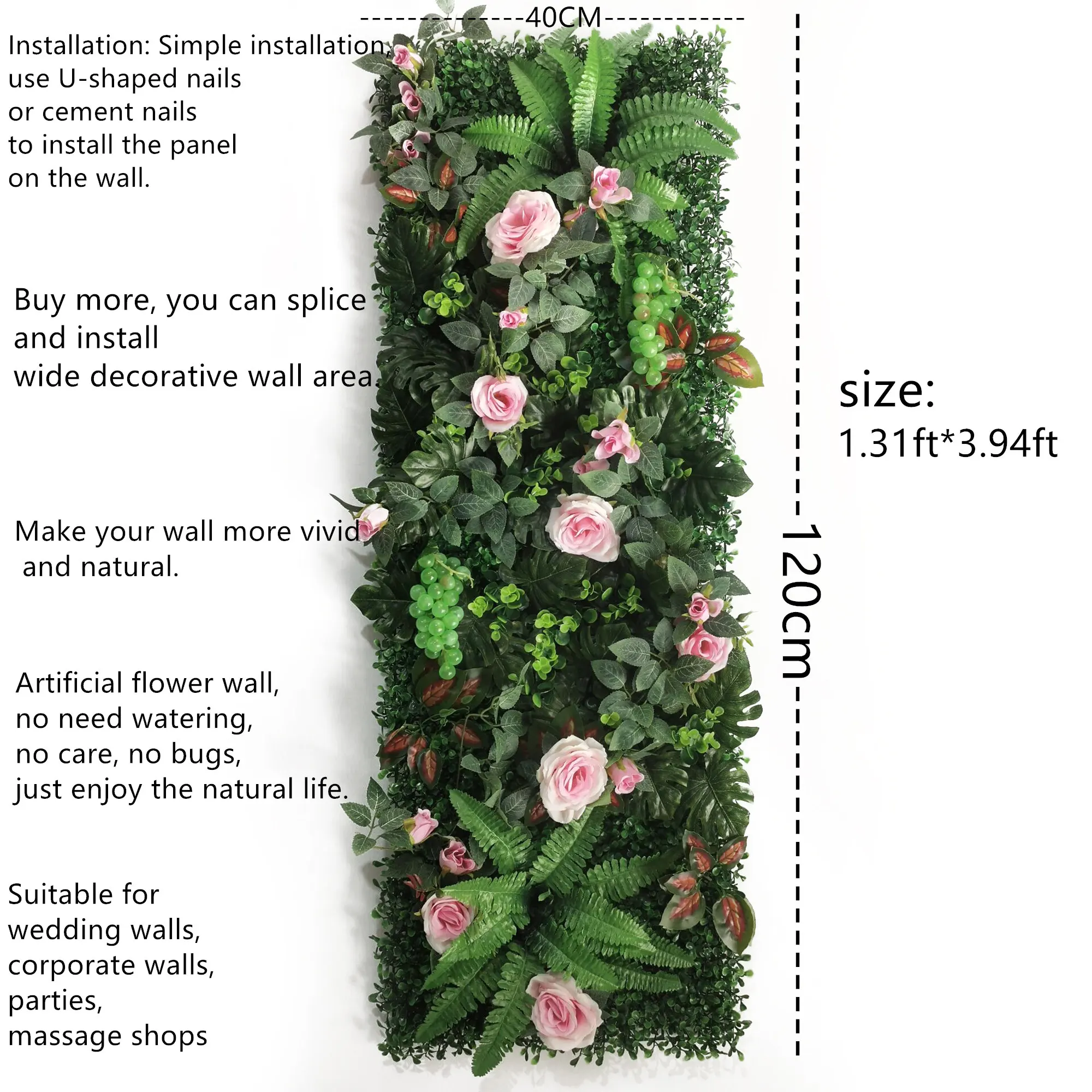 40*120CM Home Decoration Artificial Plant Lawn Rose Panel Wall Decoration Covered With Straw Mat