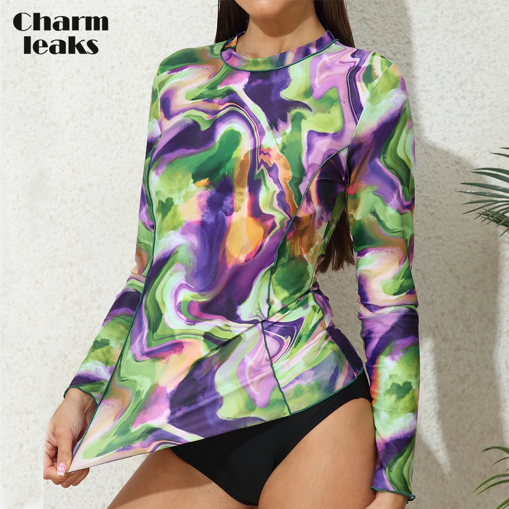 Charmleaks Women Rashguard UPF 50+ Quick Dry Lettuce Trim Surfing Tops Crew Neck Long Sleeves  Tie-Dyed  Swimwear T-Shirt