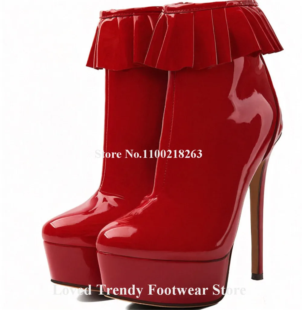 Emeline Dubois Red Blue Yellow Patent Leather Ruffles Stiletto Heel Short Boots Round Toe High Platform Thin Heel Ankle Boots