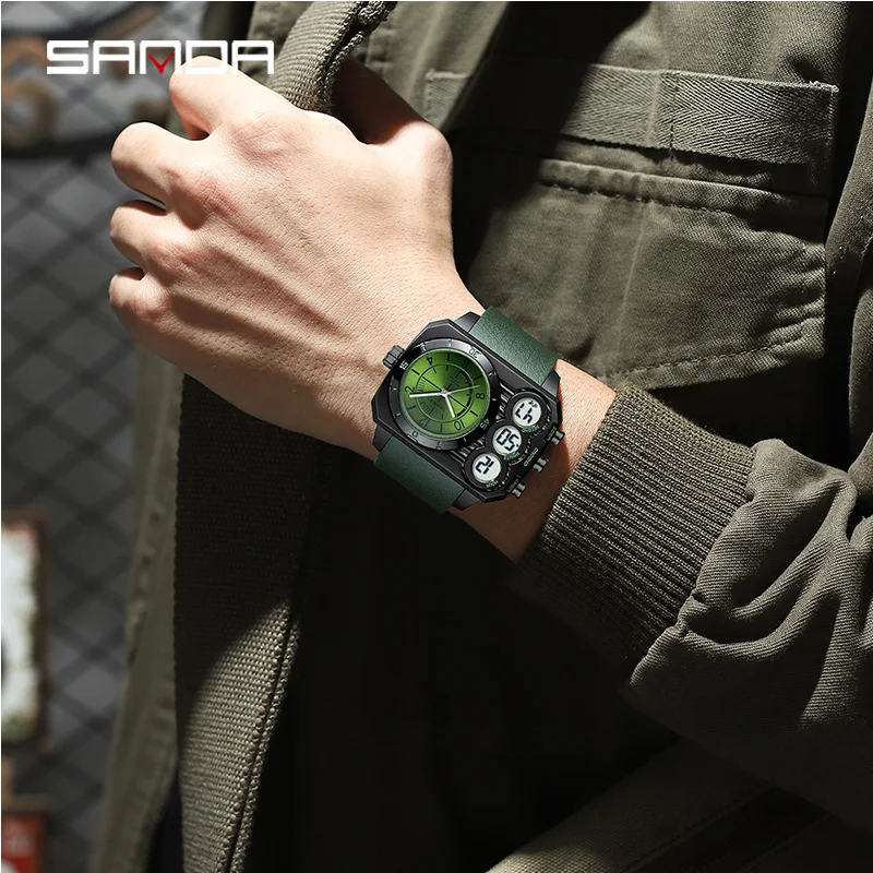 SANDA 6237 ساعة إلكترونية عصرية للرجال عرض مزدوج رياضية مقاومة للماء مضيئة كبيرة الحجم ساعات رقمية إبداعية للرجل
